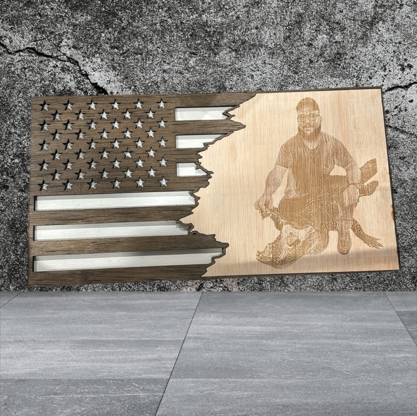 🇺🇸 Custom Engraved American Flag with Photo – Unique Personalized Wood Art 🎖️