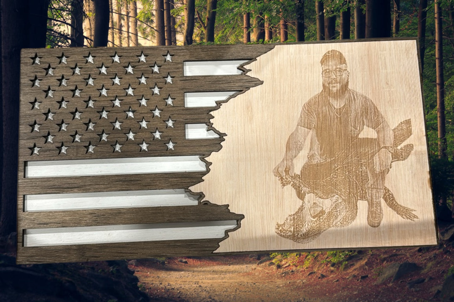 🇺🇸 Custom Engraved American Flag with Photo – Unique Personalized Wood Art 🎖️